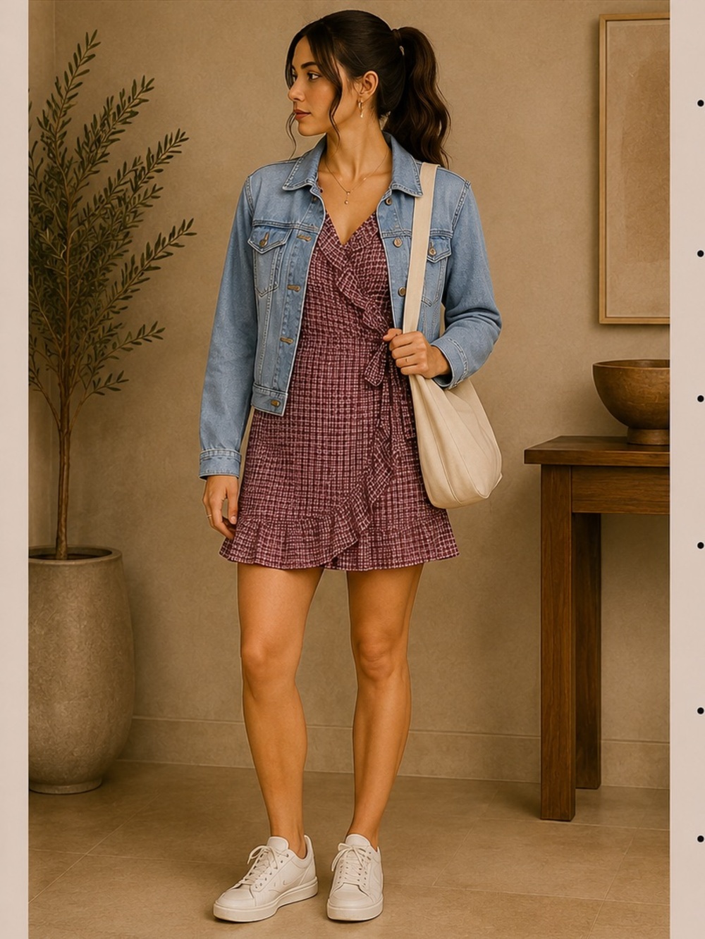 Check print Wrap mini dress with ruffle trim